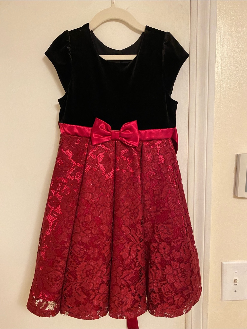 Jona Michelle Black Velvet and Red Lace Formal Dress with Satin Bow
